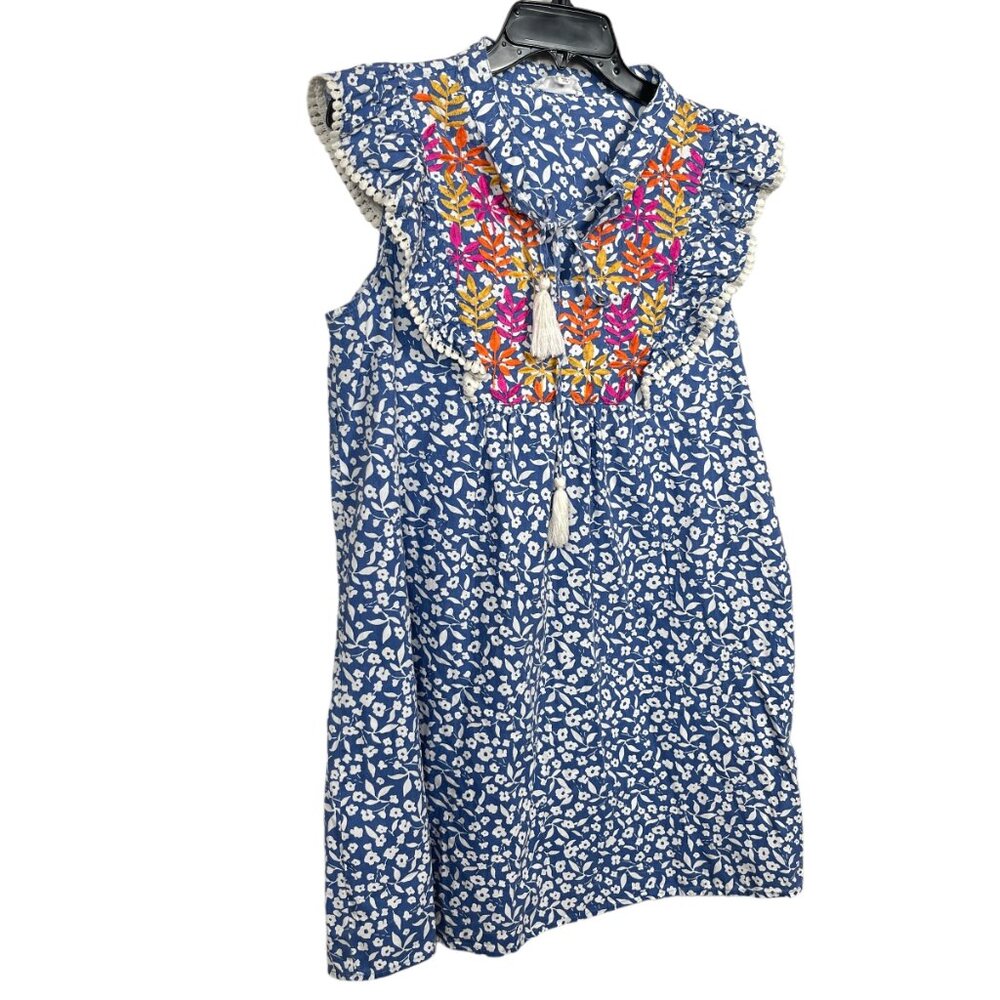 THML Shift Dress Large Blue White Floral Embroidered Tassel Crochet Boho Color - Picture 4 of 9